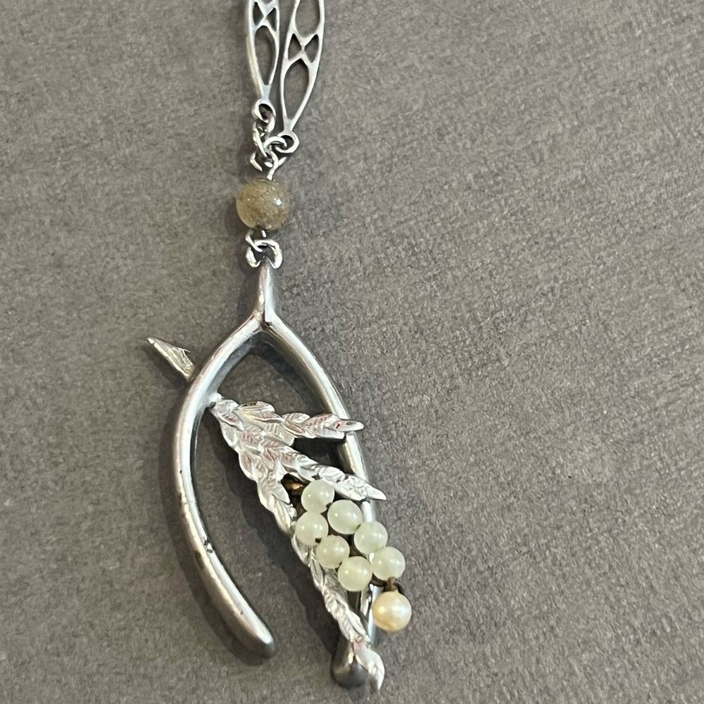 Sterling 925 marked wish bone with olive branch /and fresh water Pearl, necklace